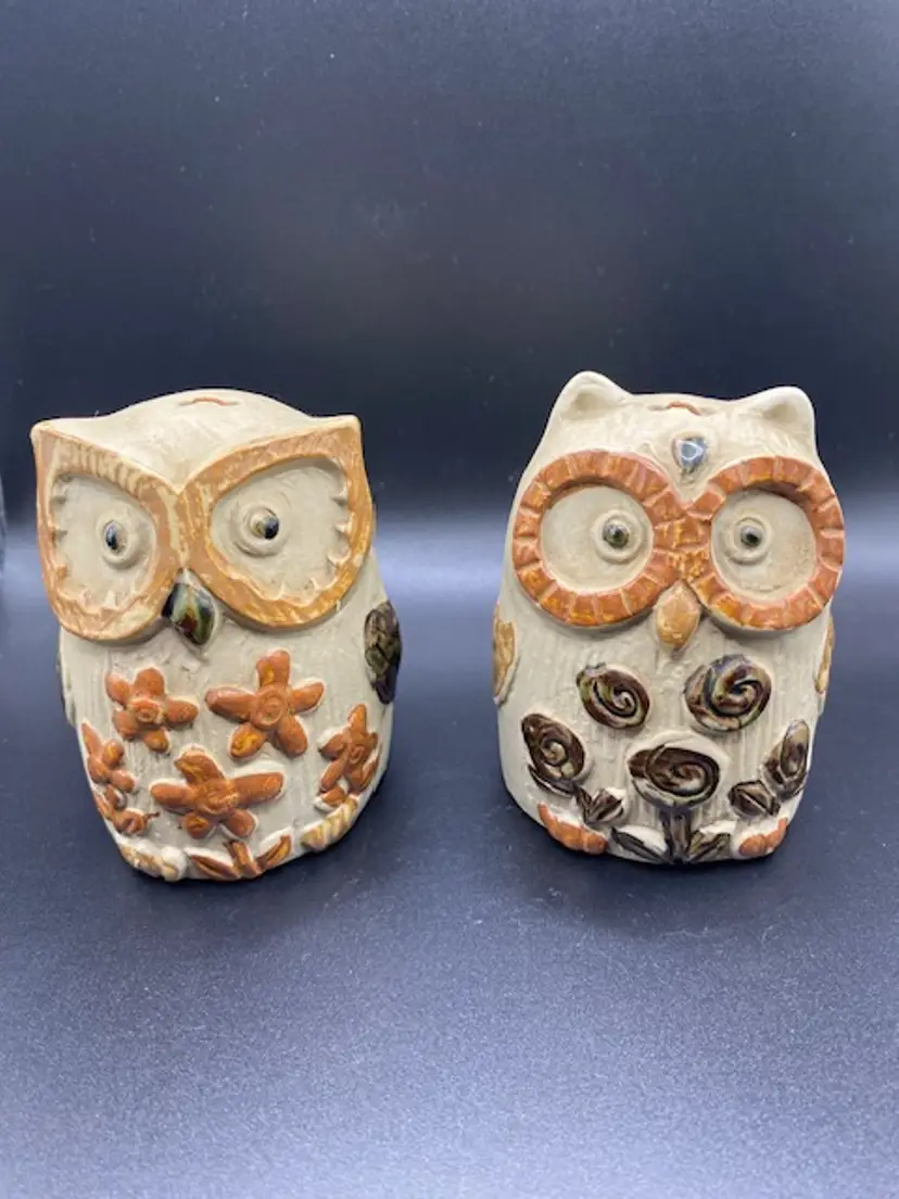 Set of 2 Vintage Stoneware Owl Bell Figurine
