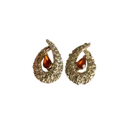 Vintage Cori Textured Gold Tone Clip On Earrings With Center Orange Teardrop Rhinestone