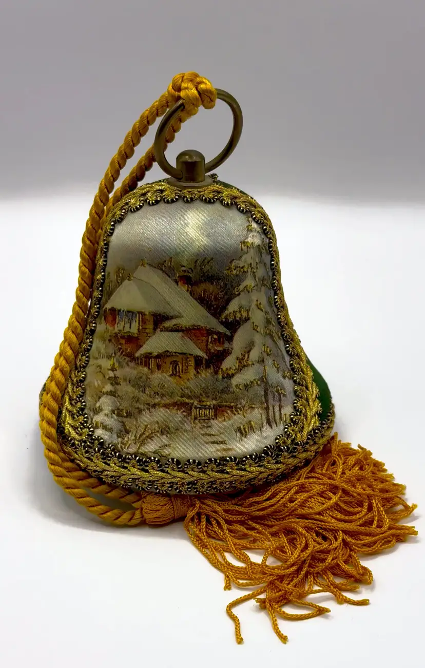 Vintage Reuge Musical Christmas Bell Ornament, Plays “Oh, Christmas Tree”, Tapestry Winter Scene with Gold Tassel & Green Velvet, By Reuge, Made In West Germany,