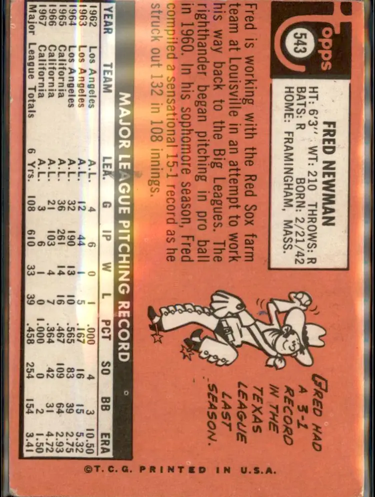 1969 Topps #543 Fred Newman - (pk3) - Boston Red Sox