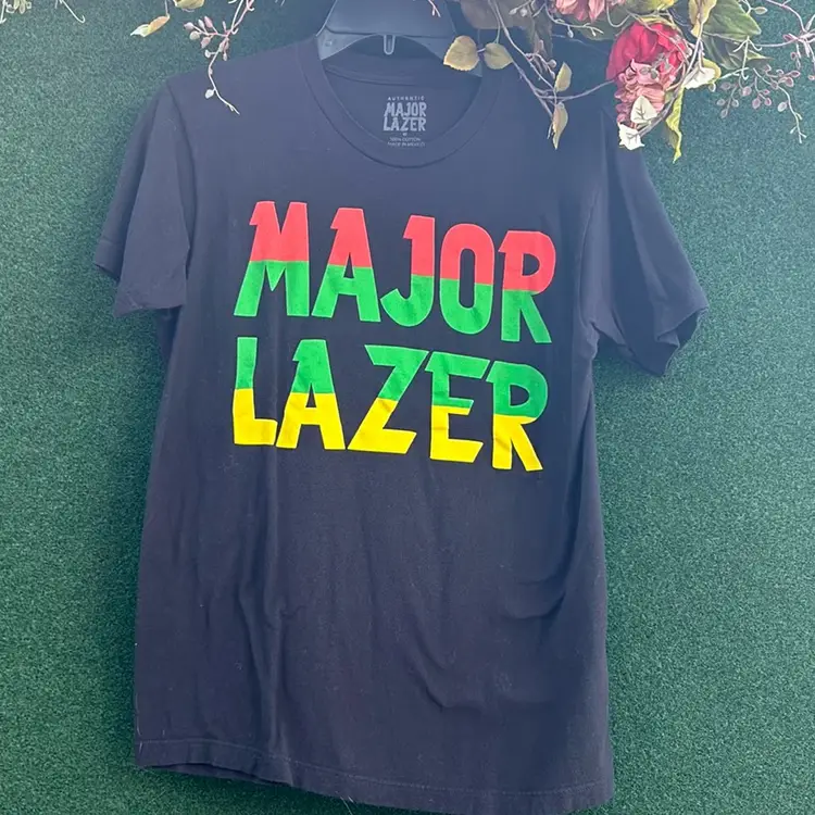Authentic Major Lazer Black T-Shirt, Red, Green, Yellow Letters