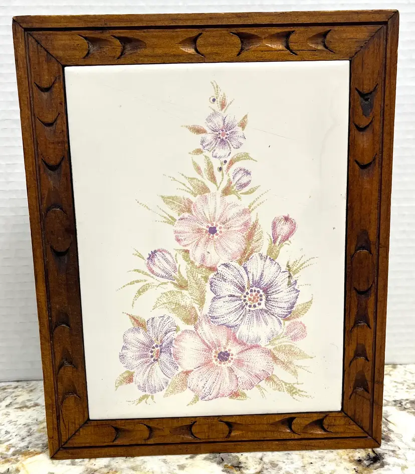 Hand Carved Wood & Tile Footed Trivet Pink Purple Floral Made In Italy Vintage