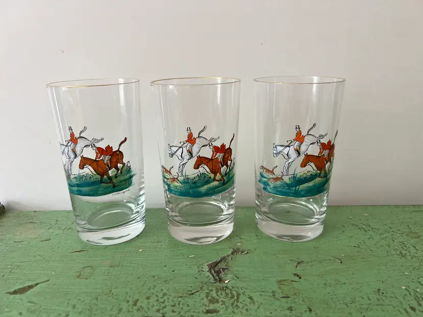 Antique 1930s Fox Hunt Tom Collins Glasses. Signed Schwarzbach. Hand-Painted Equestrian. Set of 3