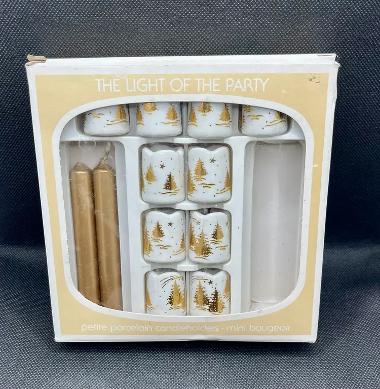 Vintage petite white porcelain candleholders with gold Christmas tree designs Bavarian Village Germany