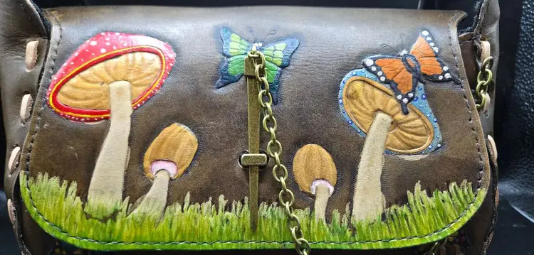 Boho Woodland Mushrooms and Butterflies Leather Crossbody Handcrafted