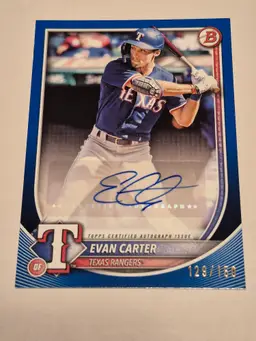 Evan Carter 2025 Bowman Blue Refractor Auto /150 #PRV-EC Rangers