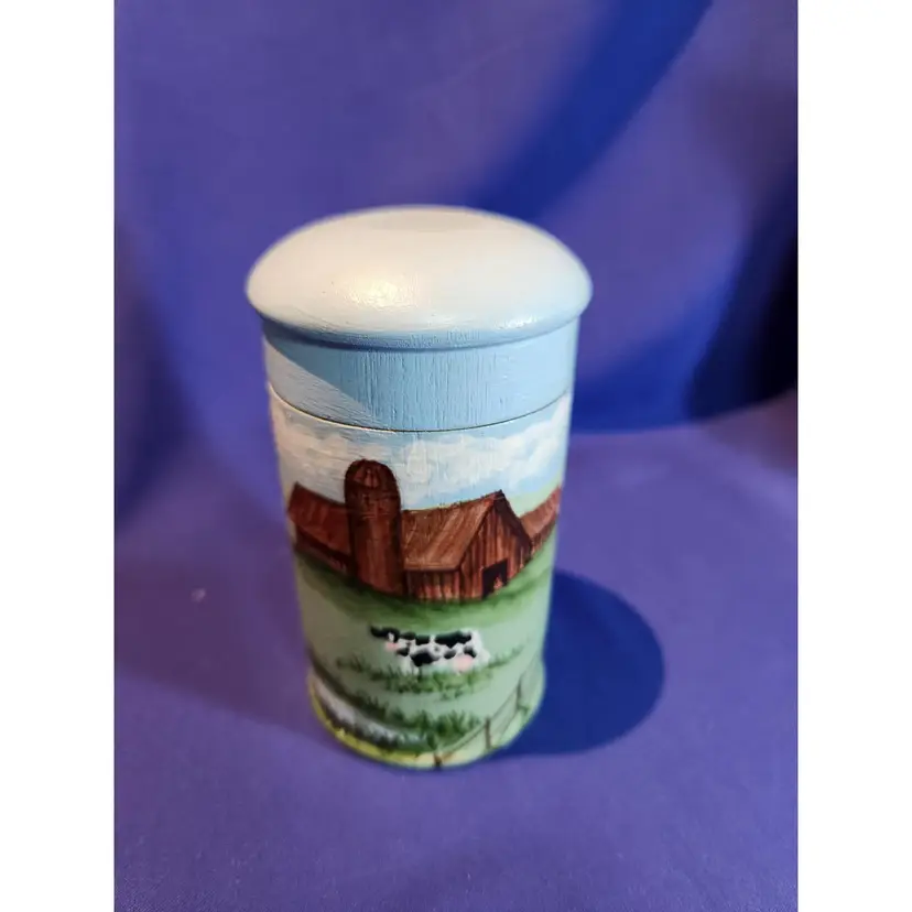 Handpainted Farm Scene Wooden Toothpick Holder signed JAMS
