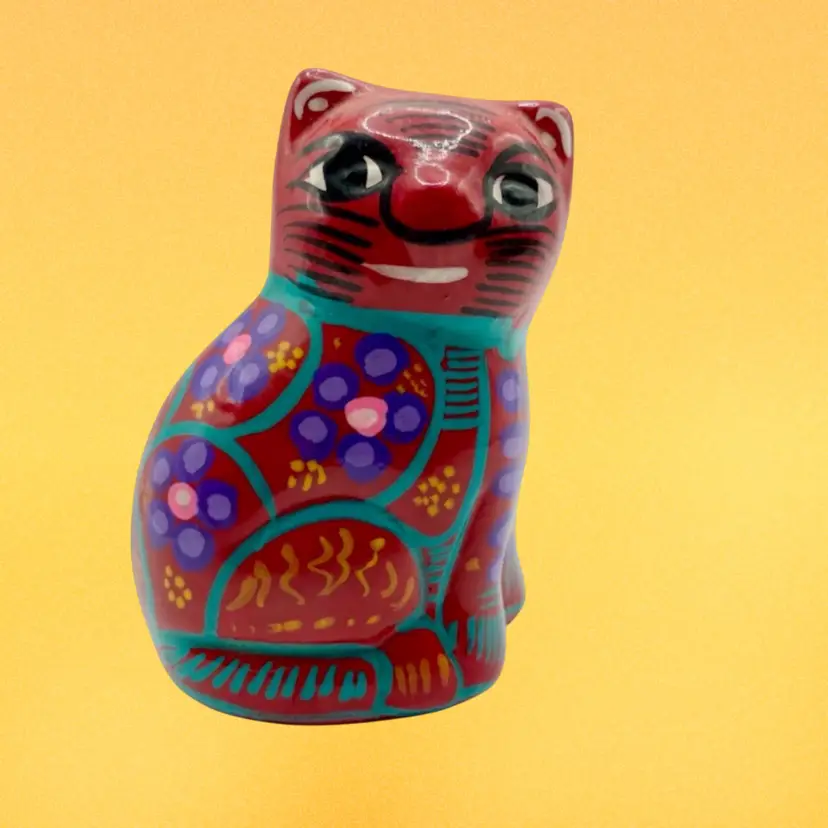 TALAVERA Red Cat Figurine Mexican Folk Art Terracotta Hand Painted 3.5” H