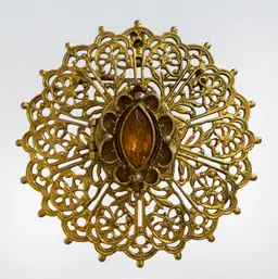 Beautiful Vintage Gold Toned Brooch/Pendant Locket With Yellow Rhinestone. 2 1/2”