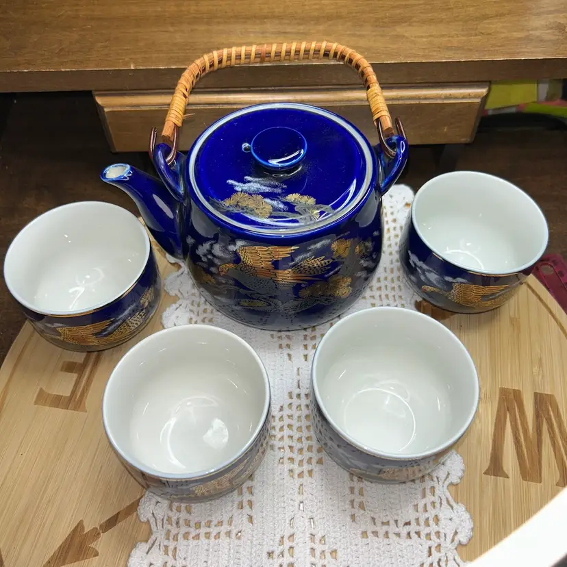 Vintage Beautiful Cobalt Blue Lovely Japanese Tea Set Porcelain Falcon Theme
