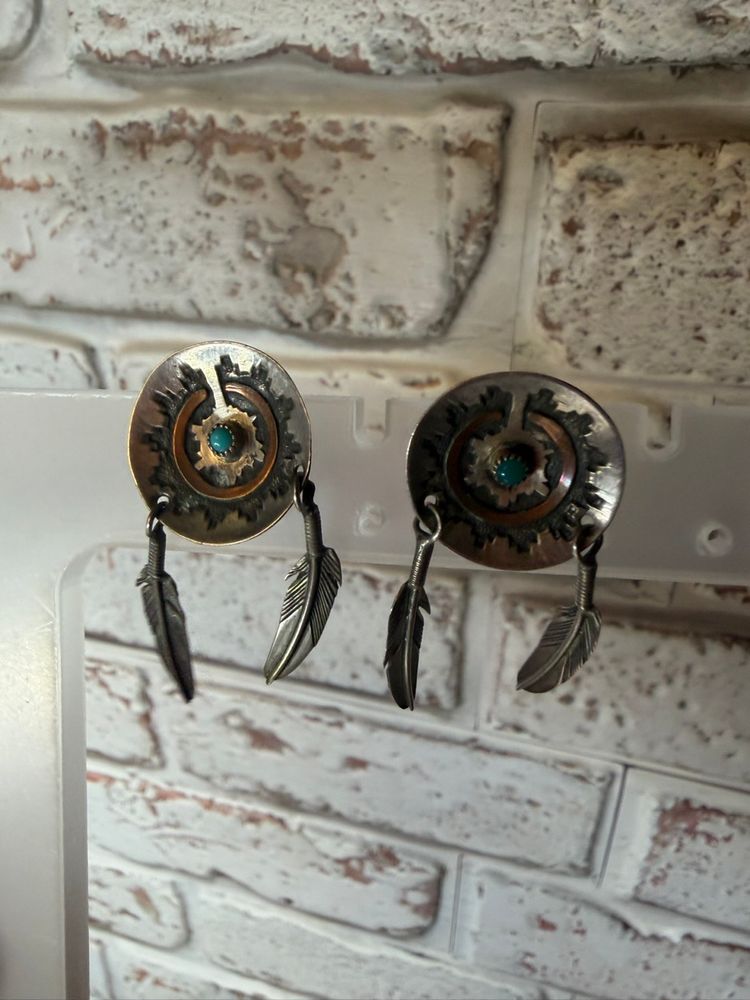 Vintage Southwestern Sterling Silver Turquoise Earrings with Copper With Feathers