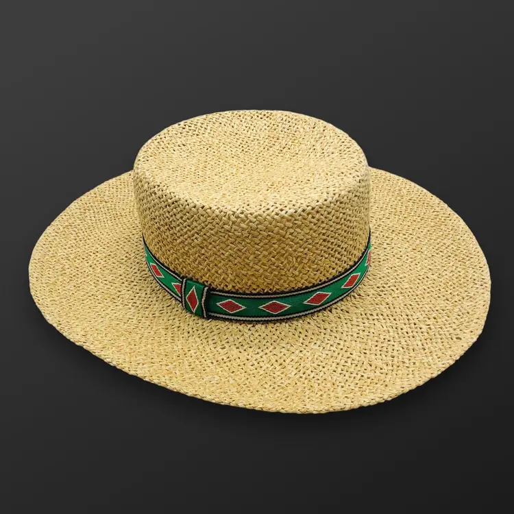 H&M Round Straw Sunny Hat Braided Paper Grosgrain Band Green Aztec Southwest