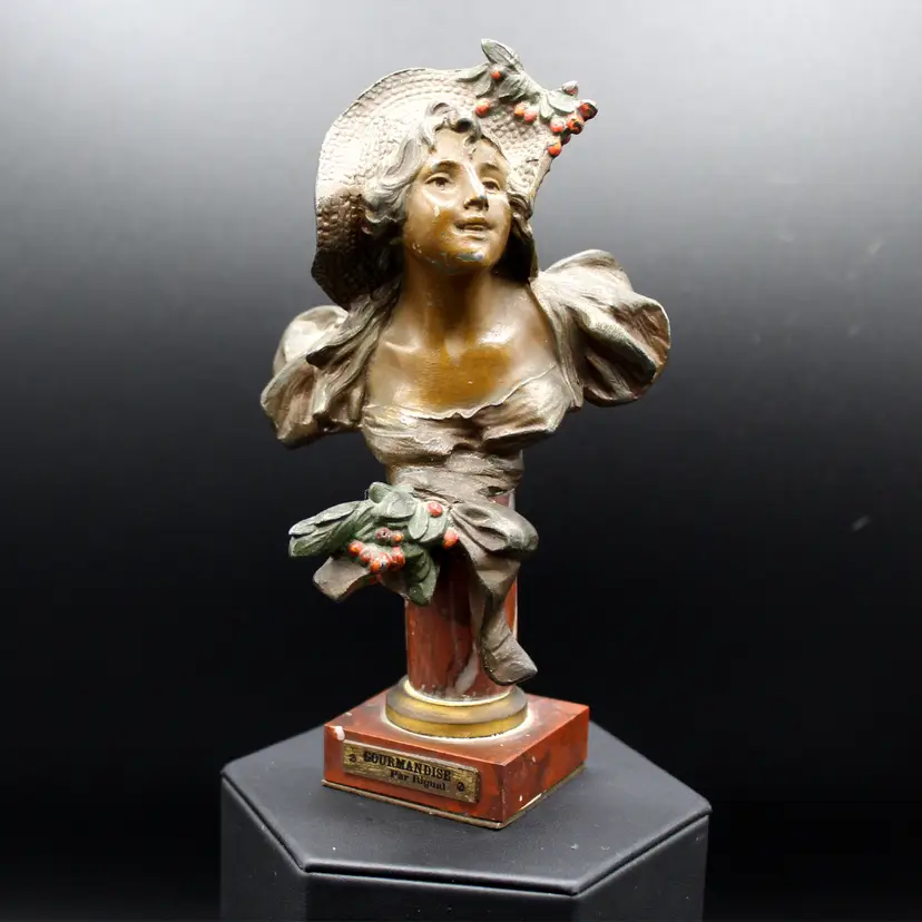 Antique Bust Sculpture Lady on Marble Base Art Nouveau Sculpture Artist Signed