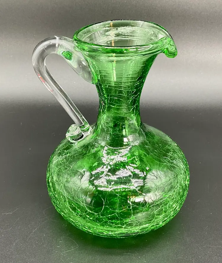 Vintage Hand Blown Green Crackle Glass Wine Decanter With Clear Handle 1950-1960