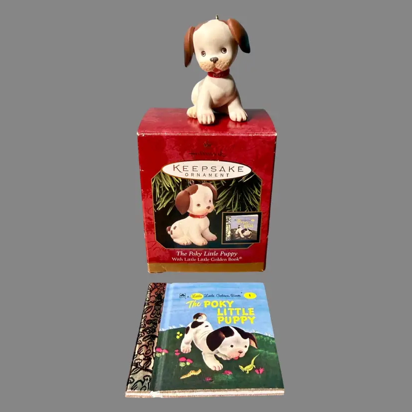 90s Vintage HALLMARK Ornament Poky Little Puppy Mini Little Golden Book w/ Box