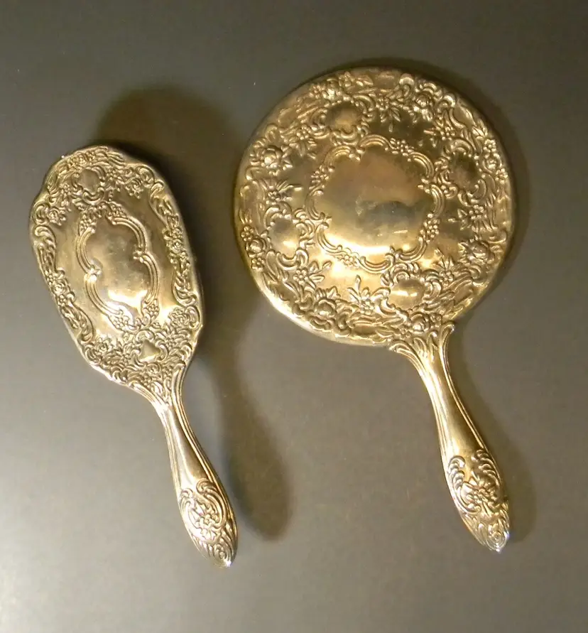 Vintage Hairbrush and Mirror Set with Floral rose Scroll