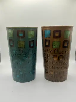 Gibson Ceramic Mr. Coffee 13 Oz Multi Color Tumbler Pair Brown Teal 6”