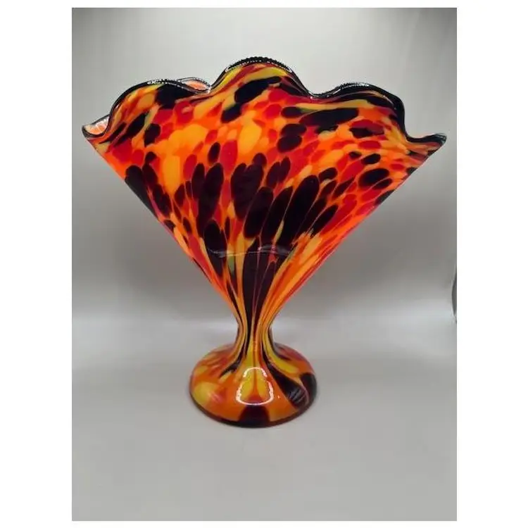 #03 - Franz Welz Czech Tango Splatter Glass Fan Vase ~ Signed Made In Czechoslovakia ~ UV Reactive ~ Multicolor Swirl ~ 8 inches Tall, 8.25 inches wide