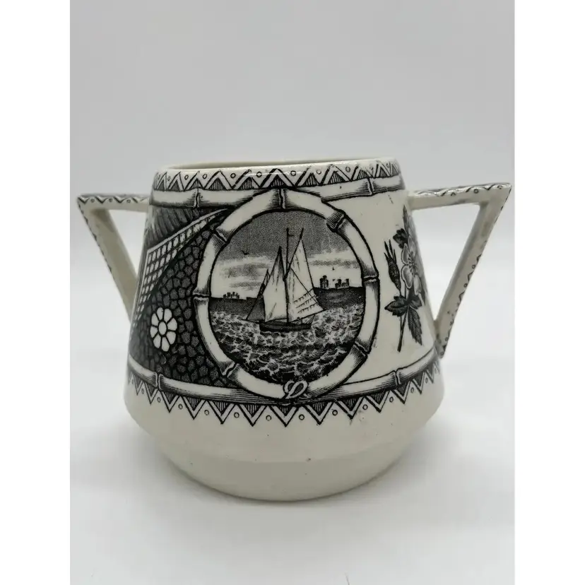 Antique G.W. Turner & Sons Tunstall Black Transfer Ware Phileau 2 Handle Vessel