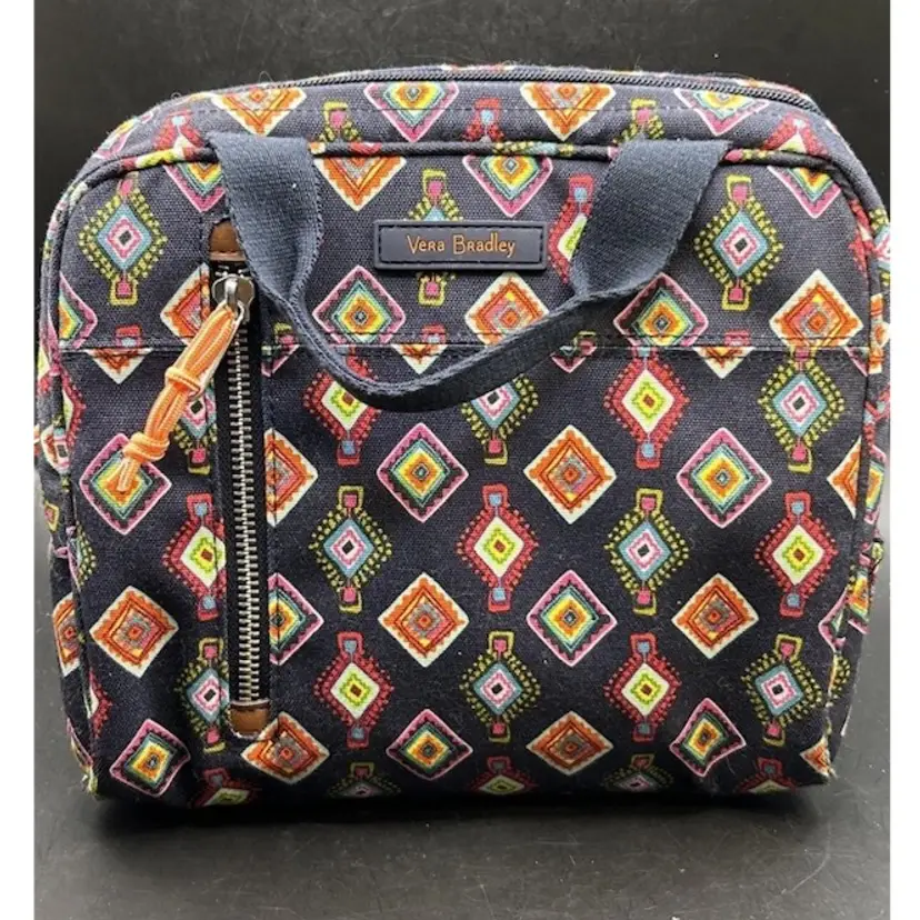Vera Bradley insulated lunch tote, navy diamond pattern.