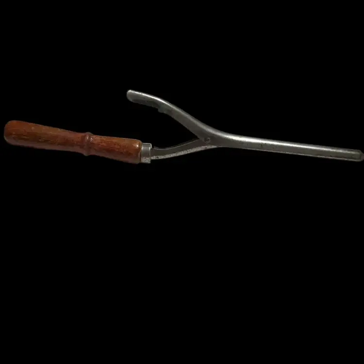 Vintage/ Antique Early 20th Century Particular During The Twenties ~ Curling Tongs/ Iron Non Electric Designed To Be Heated On Stove Or Other Heated Sources ~ Such As Flame. Spring Handle Mechanism And Wooden Handle. Needs Cleaning And  Some TLC