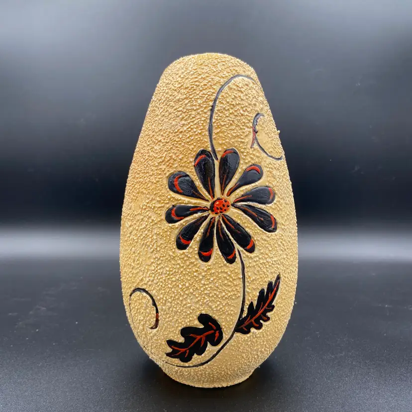 Vintage off white textured vase black & orange flowers