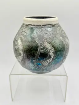 Vintage 2004 Ben Diller Raku Pottery Kokopelli Trio Southwest Signed Vase Iridescent