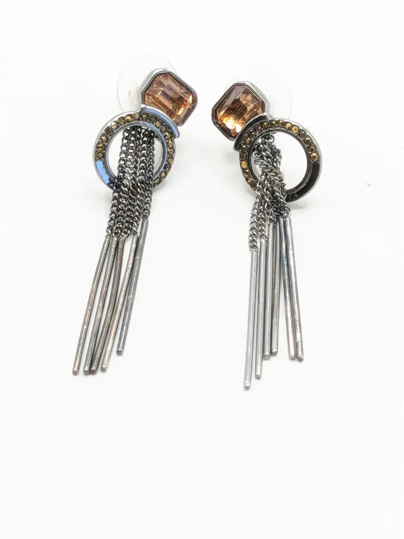 Gun Metal Grey Tone Fringe Drop Earrings with Citrine Color Glass