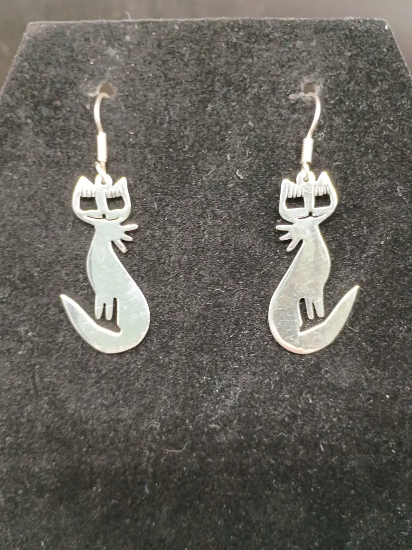Vintage Sterling Silver  TAXCO Mexico Cat with Bows 2" Long Dangle Earrings