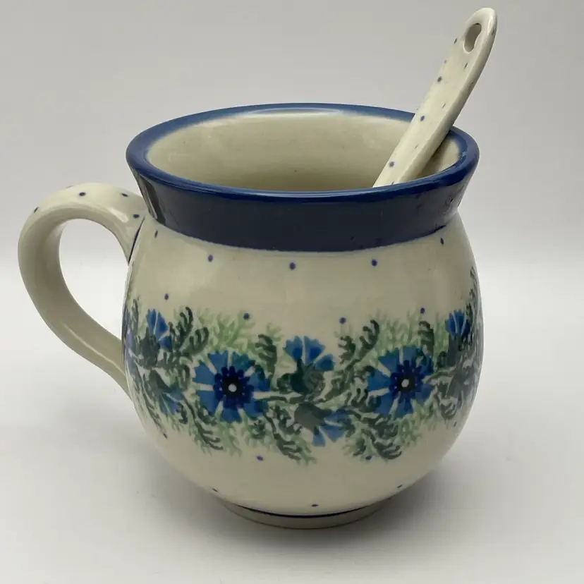 Handmade Polish Pottery, βBlue Cornflowerβ, βBubbleβ Mug and Spoon, Poland