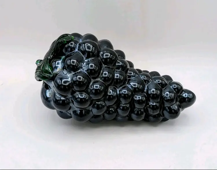 Vintage Glass Grape Cluster Pair Black Amethyst w Green Leaves Italy