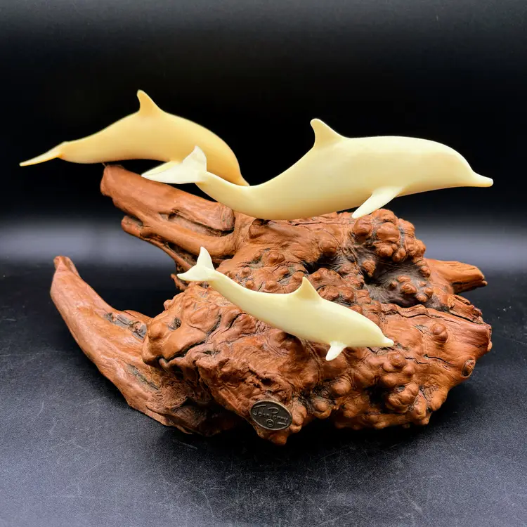 John Perry Large Three Dolphin Sculpture Hand Carved Driftwood Base Vintage USA