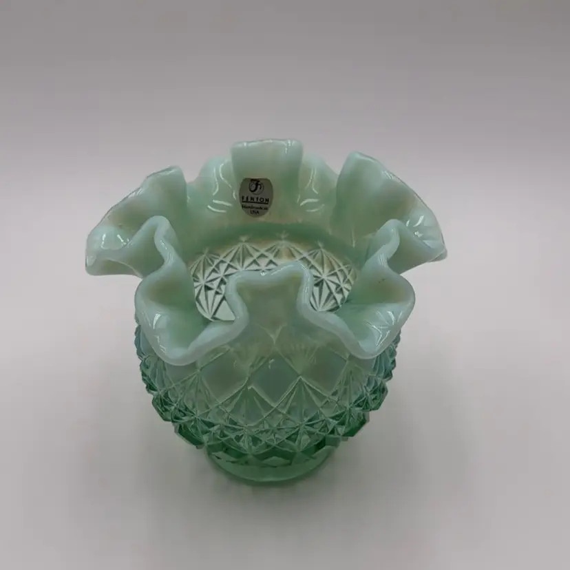 Fenton Mint Green Opalescent Cut & Block Ruffled Vase
