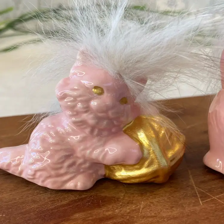 Pair Of Vintage Pink Punk Ceramic Kitties With Fur