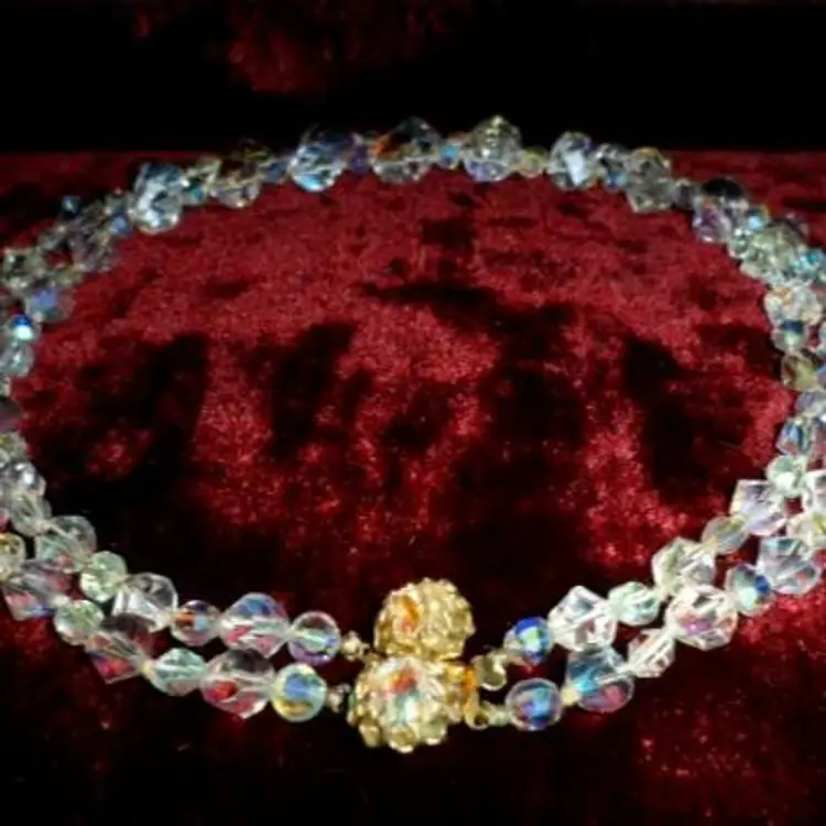 VINTAGE Crystal Necklace Clear Aurora Borealis Gold Silver Clasp Prism Retro