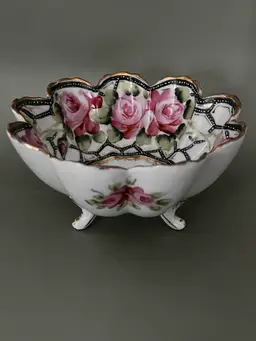 Antique Nippon Scalloped Footed Bowl-Roses- Moriage