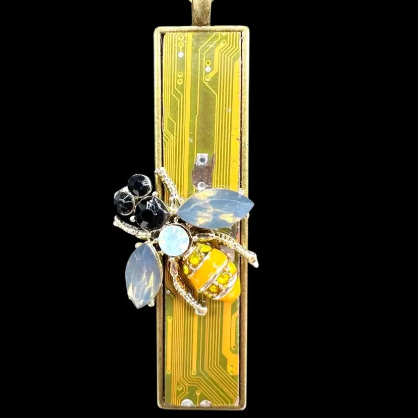 Reinvented Bee Charm On Golden-Green Circuitboard Necklace. Handmade By Me 🫶