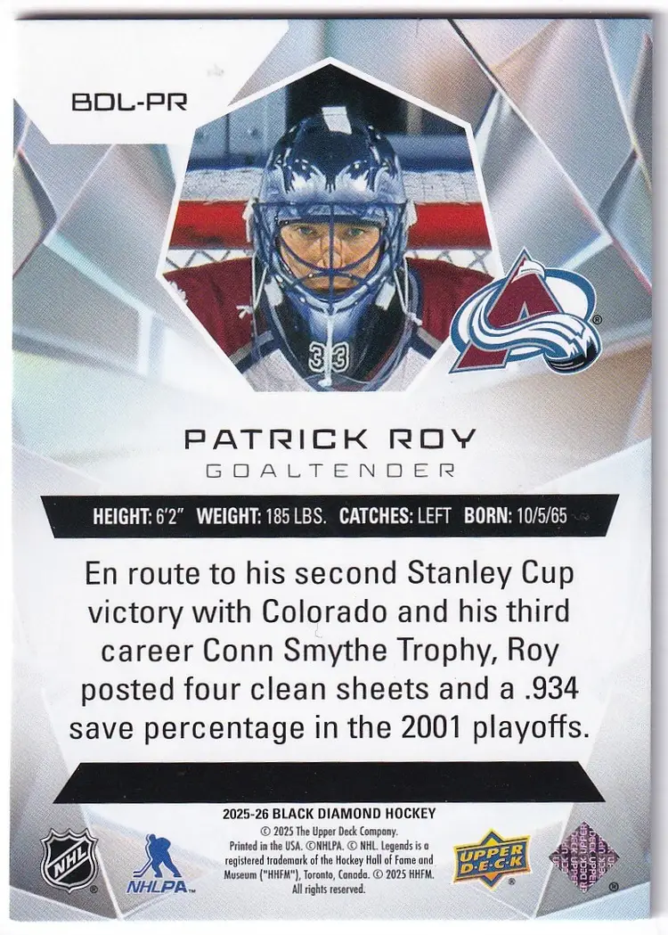 2025-26 Black Diamond Diamond Legends #BDLPR Patrick Roy Colorado Avalanche Hockey Card
