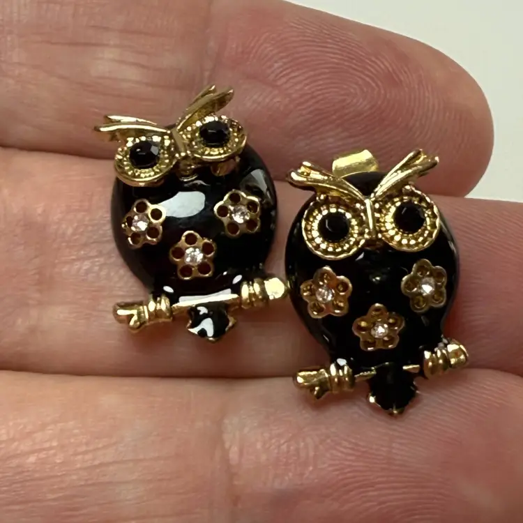 Betsey Johnson Black Enamel & Rhinestone Owl Post Earrings Original Card