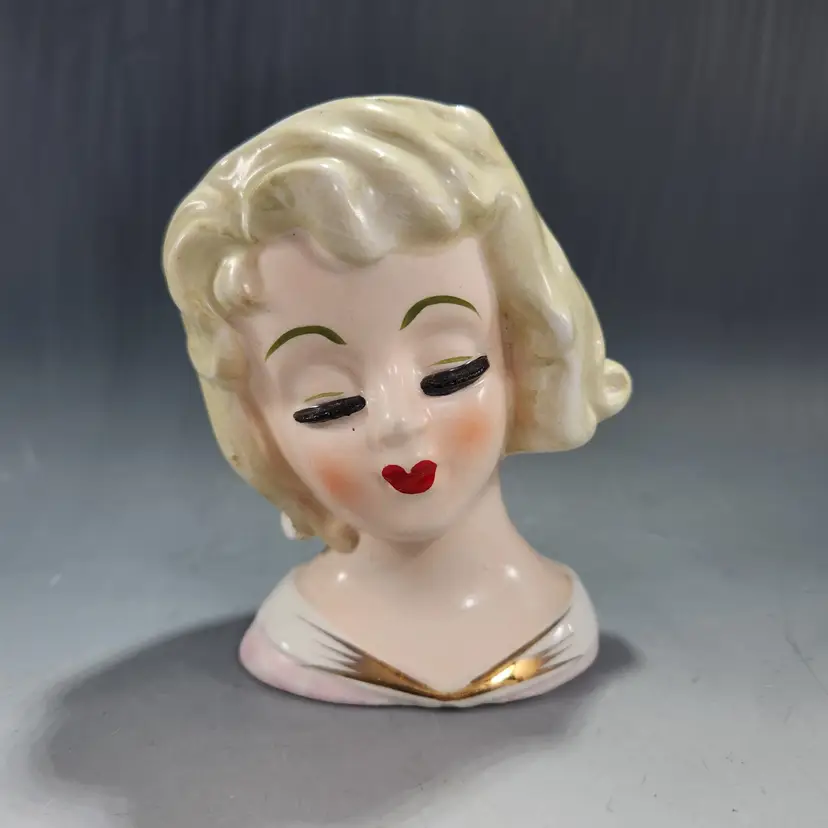 RARE Glamour Girl Head Vase by Nippon Yoko Boeki Marilyn Monroe Lady Planter Pink Dress w Eyelashes Headvase - Japan