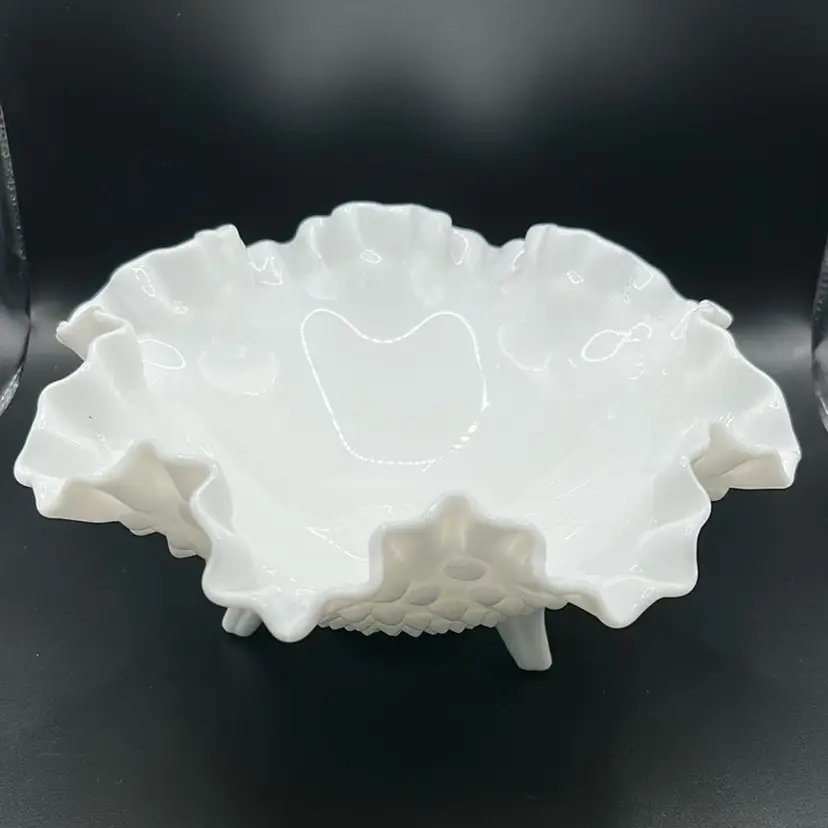 Fenton White Hobnail, Milk, Glass Ruffled Edge Bowl