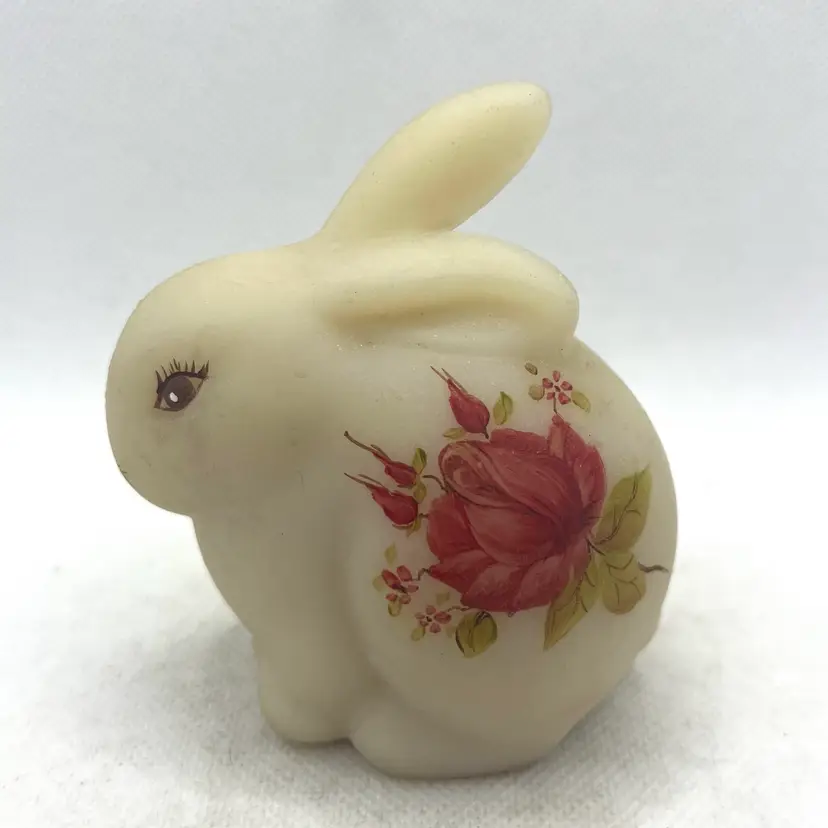 Vintage Fenton Satin Custard Art Glass Bunny Rabbit Figurine Hand Painted Roses