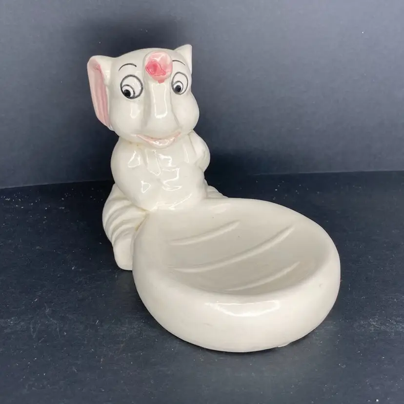 Vintage Ceramic Elephant Soap Or Trinket Dish Good Luck Trunk Up Kitschy Cute