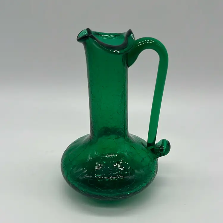 Green Crackle Glass Bud Vase Ruffled Rim w/ Applied Handle MCM | 4.5”