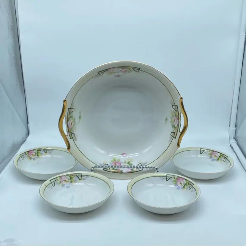 #4811 Handpainted Nippon Handled Serving Bowl Set Of 5 Vintage Pre-WW2 Japan Gold Handles Floral Motif
