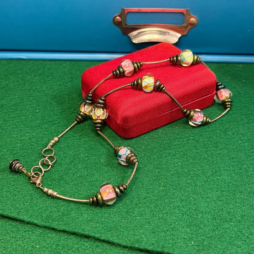 Sterling 925 Silver Multicolor Art Glass Bead Necklace w/ Stacked Dark Iridescent Beads & Metal Tube Beads