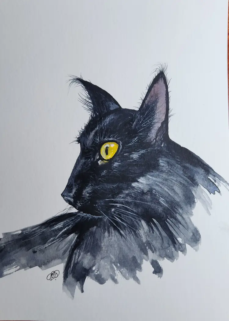 Spooky Black Cat Original Watercolor Painting Signed By The Artist 5x7 Free Shipping