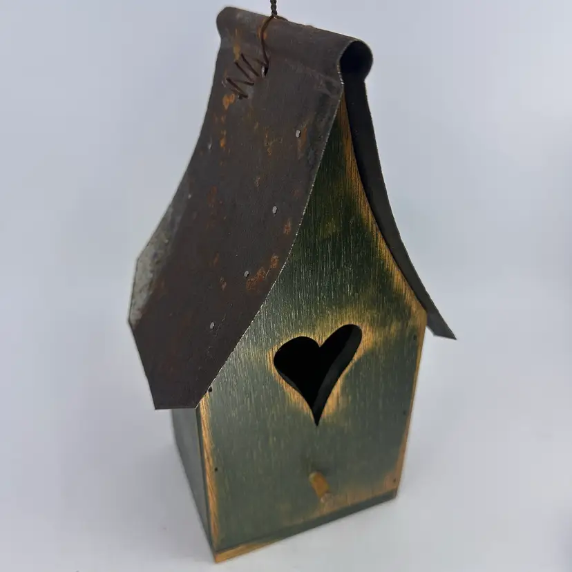 Wooden Bird House Metal Roof & 💜 9”