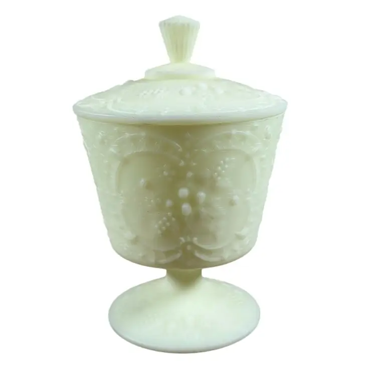 Fenton Custard Satin Glass Wild Strawberry Footed Compote Candy Box w/ Lid 8.5”