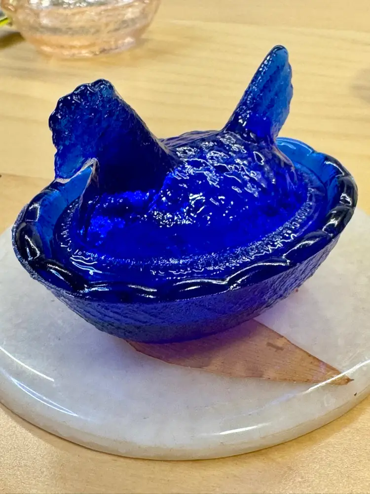 Mini Vintage Cobalt Blue Glass Hen, Miniature, French Country Cottage Farmhouse Decor